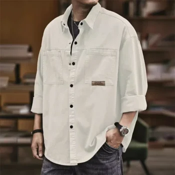 Autumn Men's Long Sleeve Cargo Shirt Casual Korean Fashion Oversize Blouses Hombre 2023 New High Street Y2K T Shirt Baggy Jacket