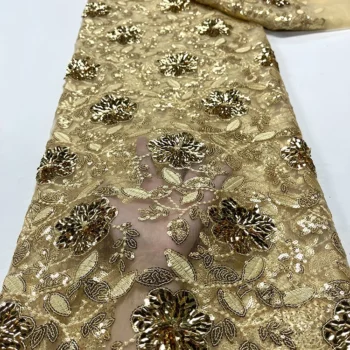 Light Gold Fabric High Quality African Lace Fabric 2024 French Net Sequin Fabric Sewing Embroider Lace Tulle Nigeria Dress 5Yard