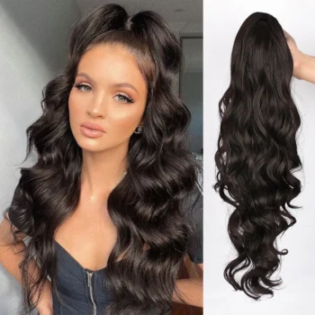 AISI BEAUTY Synthetic Ponytail Extensions Long Wavy Drawstring Ponytail for Women clip in hair extensions Black Fake Hair