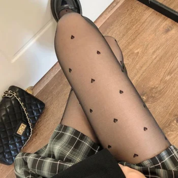 Sexy Black Stockings Women Heart Polka Dot Lolita Pantyhose Tight High Socks Female Good Elastic Stockings Erotic Lingerie