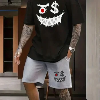 Men's Sports Fitness Suit Printed 3D Evil Face Pattern Oversized Loose Men's Top Y2K Style Suit Summer Casual Breathable Suit