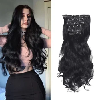 Synthetic Extensions Hairpieces Wavy Curly 22inch Clip in 6pcs Dark Brown Natural and Soft Thick Double Women Lady Daily Party