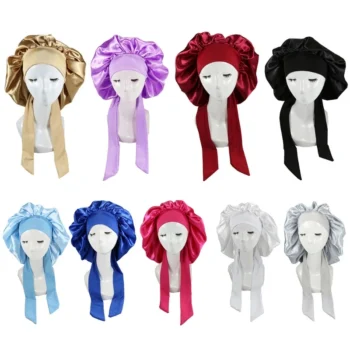 Womens Satin Bonnet with Wide Stretch Ties Long Hair Care Girls Night Sleep Hat Hair Silky Head Wrap Shower Cap Cover Headscarf