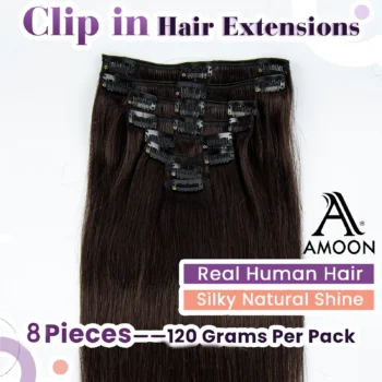 Amoon 8pcs Clip in Hair Extensions Real Natural Hair Remy Straight Set Black Brazilian Clip in Human Hair Extensions