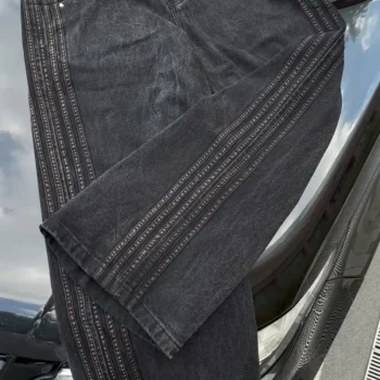 Men's Black Baggy Washed Fashion Stripe Jeans High Street Trend Casual Daily Versatile Straight Pants Classic Trousers