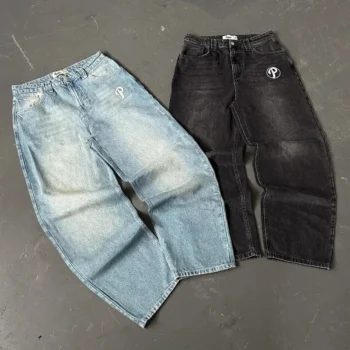PROTECT Streetwear Y2K Hip Hop Retro Blue Loose Jeans Harajuku Jeans Men's Pants High Waist Loose Letter Embroidered Trousers