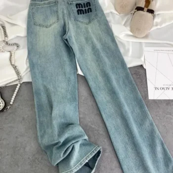 2024 Summer Blue Washed Casual Jeans Women Retro Street Hip Hop Loose Harajuku Fashion Letter High Waist Straight Wide Leg Jeans