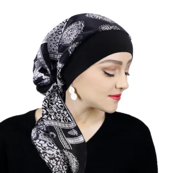 Women Satin Printed Turban Hat Stretch Wide-brimmed Nightcap Fashion Pre-tie Turban Wrap Head Cap Casual Durag Pirate Hat