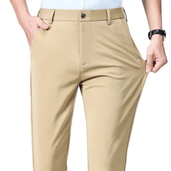 Male Casual Pants Men's Business Formal Suit Pants Office Straight Pants Regular Fit Spandex Long Pants Navy Blue Black Trousers