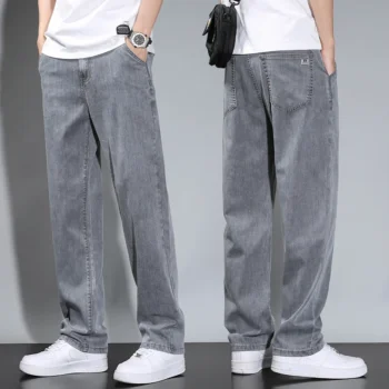 Summer Thin Men's Straight Loose Gray Jeans Soft Fabric Lyocell Fabric Light Colored Casual Pants Male Brand Trousers