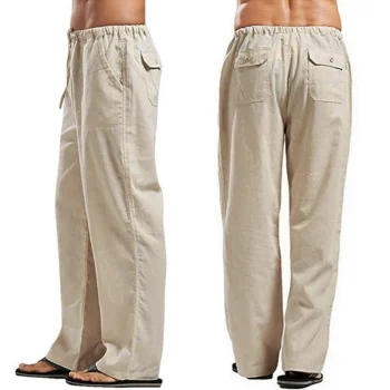 S-5XL Solid Color Multi-pocket Drawstring Loose Straight Men Pants Large Size Casual Breathable Comfortable Linen Summer Trouser