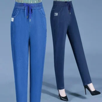 2024 New Summer Women Leisure Ice Silk Jeans Lady Elastic Baggy Wide Leg Straight Leg Pants Female Comfortable Slim Fit Trousers