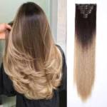Long Straight Hair Extension with Clips Black Golden Ombre Synthetic Hairpiece 7Pcs/Set 20inch Heat Resistant Daily Hair Pieces