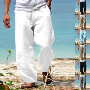 Men's Beach Pants Breathable Loose Straight Trousers Male Summer Casual Solid Color Japanese Streetwear