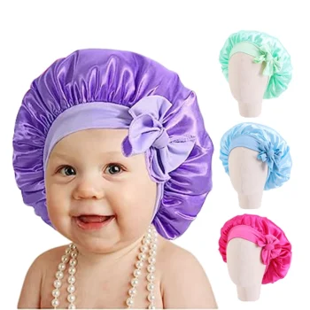 Baby Satin Bonnet With Tie Wide Stretchy Band Soild Color Child Headwrap High Elastic Night Sleep Hat Soft Headcover Chemo Cap