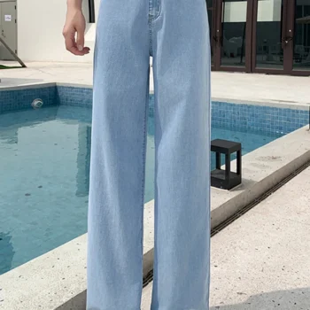 Summer Thin Woman High Waist Trousers Female 2024 New Ice Shreds Loose Washed Streetwear Jeans Black Blue Lyocell Wide Leg Pants