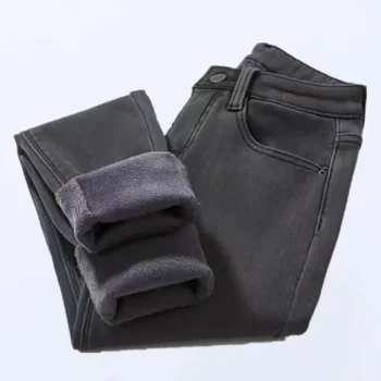 Thickened Fleece-lined High-waisted Women's Jeans Cotton Wadded Trousers Winter Warm Slimming Belted Slim Fit Denim Trousers