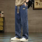 Men Straight Leg Blue Gray Loose Y2K Drawstring Jeans Streetwear Casual Wide Denim Pants Male Baggy Stylish Harajuku Trousers