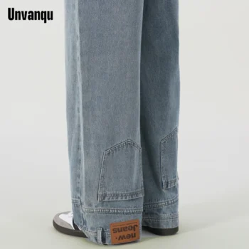 Unvanqu American Retro Y2K Reverse Wear Jeans Spring Street Fashion Casual Straight Loose Wide Leg Floor Length Denim Trousers