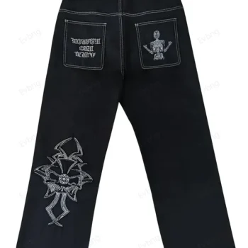 Women's Skeleton Embroidery Jeans, Men's Casual Street Style Loose Fit Jeans,Hip Hop Y2K New Straight Cargo Pants Streetwear