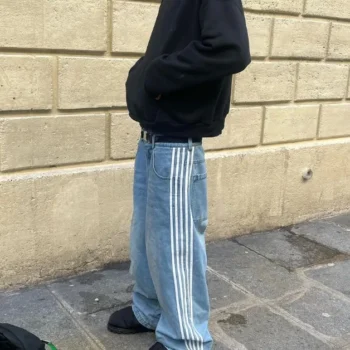 Streetwear Y2k Simple Distressed Striped Loose Blue Retro Jeans for Men and Women Fashion Casual Straight Pants High Waist Pants