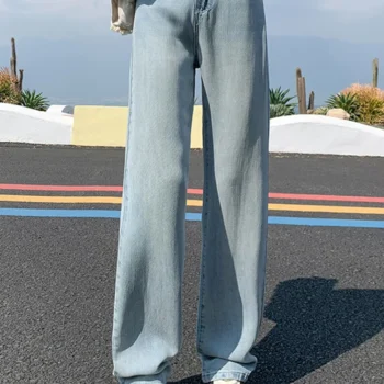Woman High Waist Vintage Nostalgic Thin Trousers Female Tencel Cotton Loose Washed Streetwear Jeans Retro Blue Wide Leg Pants