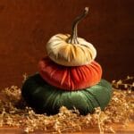 velvet pumpkin stack, fall centerpiece for table, olive green pumpkins for kitchen, stacked pumpkin decor, Thanksgiving hostess gift for