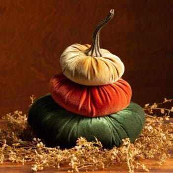 velvet pumpkin stack, fall centerpiece for table, olive green pumpkins for kitchen, stacked pumpkin decor, Thanksgiving hostess gift for