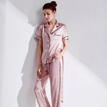 Silk Nightwear Lady Suit 100% real Silk Home pajama sets Simple Pure Color Short Sleeved Trousers Two Sets