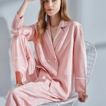 100% Nature Silk Pajama for Women Pink Pyjamas PJ Set Homewear Full Sleeve Sleepwear Summer Homeclothes Satin Silk Pijamas Femme