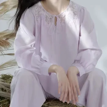 Winsleter,Women With Chest Pad Solid,Hollow Out Sleep Home Clothes,32%Mulberry Silk Pajamas Set,2024 Fall Winter S48823QC