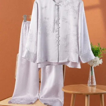 Winsleter,Women Long Sleeve Pants,Comfortable Chinese Jacquard Homewear,100%Real Silk Pajama Set,2024 Summer Fall S45073QC