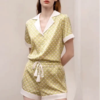 Birdtree 100%Real Silk Pajama Set Geometric Lattice Lapel Short Sleeve Pants Sweet Comfort Loungewear Summer Women S41453QD