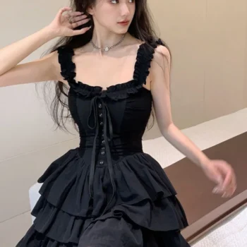 Jmprs Sexy Slip Lolita Style Black Dress Women Vintage Sleeveless Y2K Mini Dress Summer Slim Sweet Korean Lace Up Cake Dress New