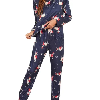 Women Christmas Pajama Set Elk Print Long Sleeve T-shirt with Pants Sleepwear Loungewear