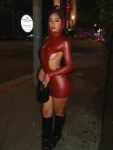 OMSJ 2023 Sexy Open Back Leather Hooded Tight Dress For Women Fashion Long Sleeve High-waist Cutout Wrap Hip Mini Dress Clubwear