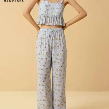 BirdTree, 16MM 100%Mulberry Silk Pajamas Set, Women Sling Top Pants, Sweet Printed Ruffled Homewear, 2024 Summer Fall S47445QC