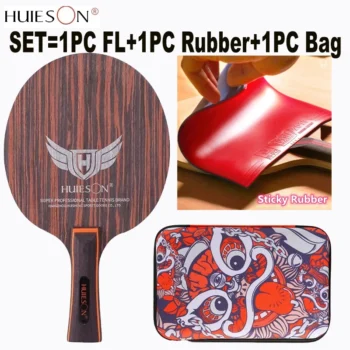 HUIESON Ebony Wing Table Tennis Blade Sticky Rubber Waterproof Racket Bag Set 5 Pure Wood and 2 Carbon Fiber Loop Fast Break Bat