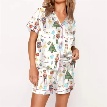Nutcracker Pajamas Women Christmas Pajama Set Short Sleeve Tops+Elastic Waist Shorts Santa Claus Avatar Print Sleepwear Outfits