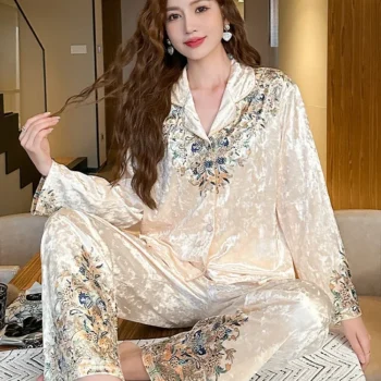 2024 Spring Autumn New Pajamas Women's Korean-Style Lapel Golden Velvet Top With Pants For Outer Wear Home Clothes