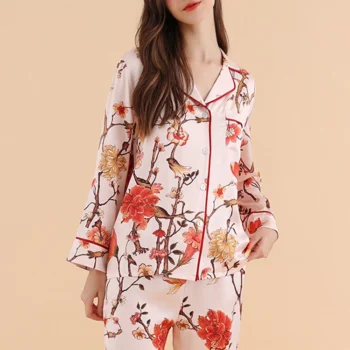 Winsleter, 16MM 100%Real Silk Elegant Pajama Set, Women Print Antibacterial, French Retro Casual Homewear, Fall Winter S40815CC