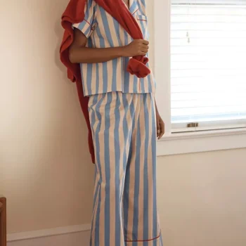 Womens Y2K 2Pieces Underwear Striped Pajama Set Short Sleeve Lapel Collar Shirts + Elastic Waist Long Pants Loungewear Sleepwear