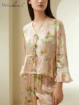 Flower Lace,100%Mulberry Silk Pajamas for Women,Elegant Fashion Homewear Sleepwear Sets,2024 Spring Summer New,S41884QM