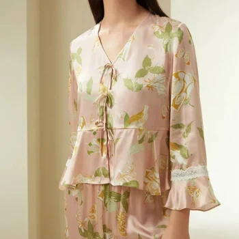 Flower Lace,100%Mulberry Silk Pajamas for Women,Elegant Fashion Homewear Sleepwear Sets,2024 Spring Summer New,S41884QM