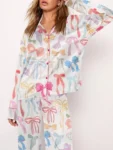 Women Bow Printing 2 Piece Y2k Satin Silk Lounge Outfits Pajamas Set Long Sleeve Button Down Shirt Pants Set Valentine's Day