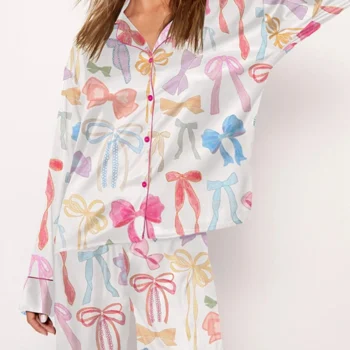 Women Bow Printing 2 Piece Y2k Satin Silk Lounge Outfits Pajamas Set Long Sleeve Button Down Shirt Pants Set Valentine's Day