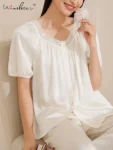 Winsleter,100%Mulberry Silk Pajamas Set,Lace Sleep Home Clothes,Women Short Sleeves Top Pants,Summer Fall New S478138QM