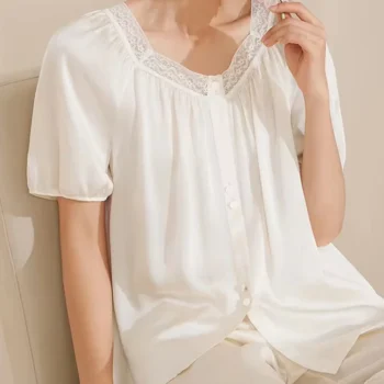 Winsleter,100%Mulberry Silk Pajamas Set,Lace Sleep Home Clothes,Women Short Sleeves Top Pants,Summer Fall New S478138QM