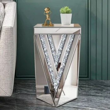 Pregaspor Silver Mirrored end Table, Coffee Table 22" H Gorgeous Side Table with Crystal Inlay, Small Mirrored