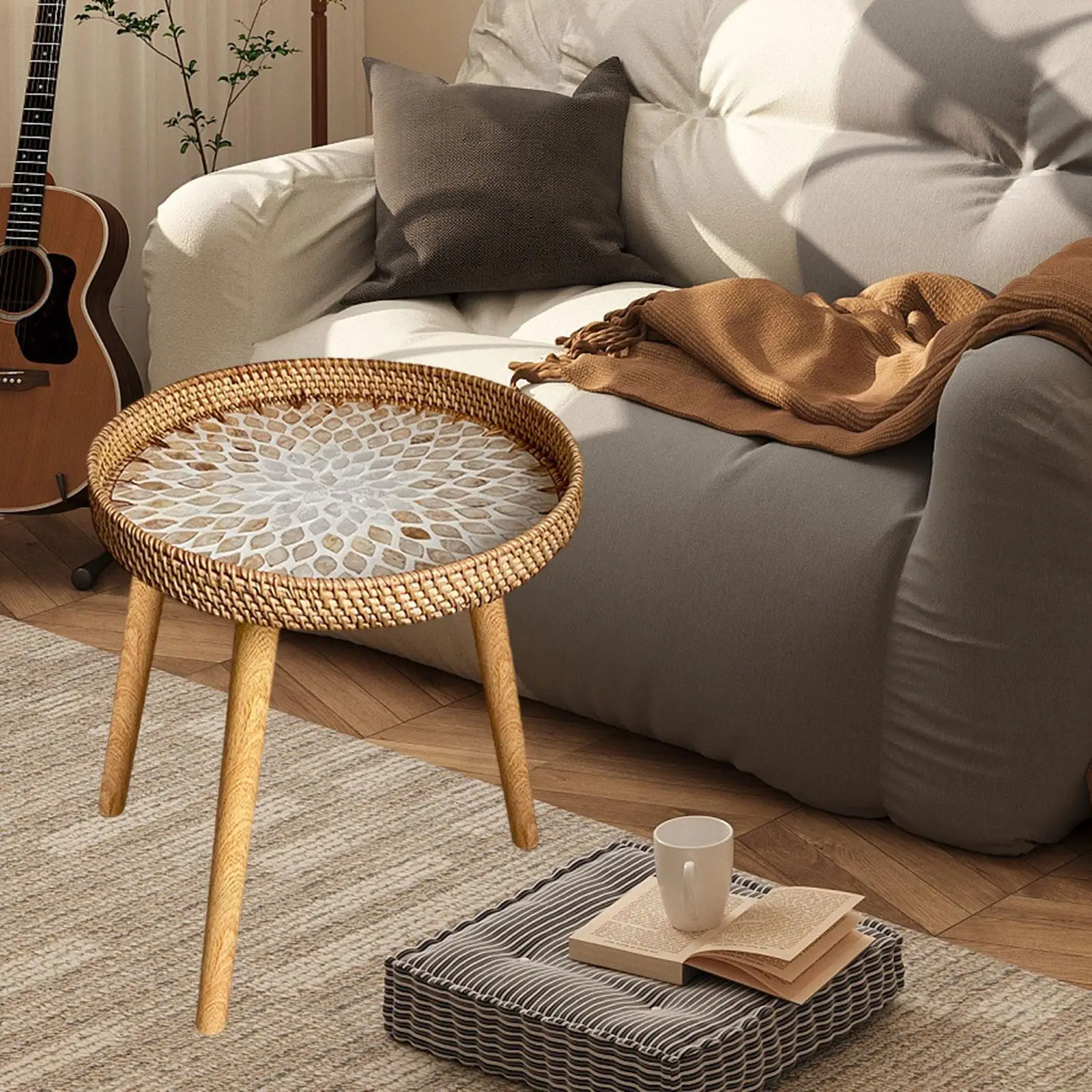 Rattan Side Table NightStand Plant Stand End Table for Garden Indoor Proch Living Room
